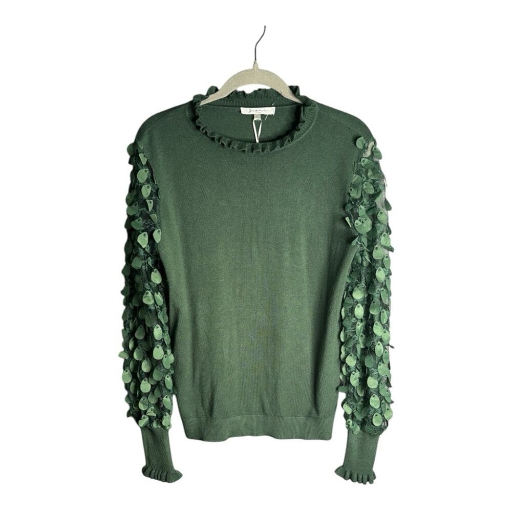 Siani Milano Green High Neck Sweater Embellished Statement Sleeves Large